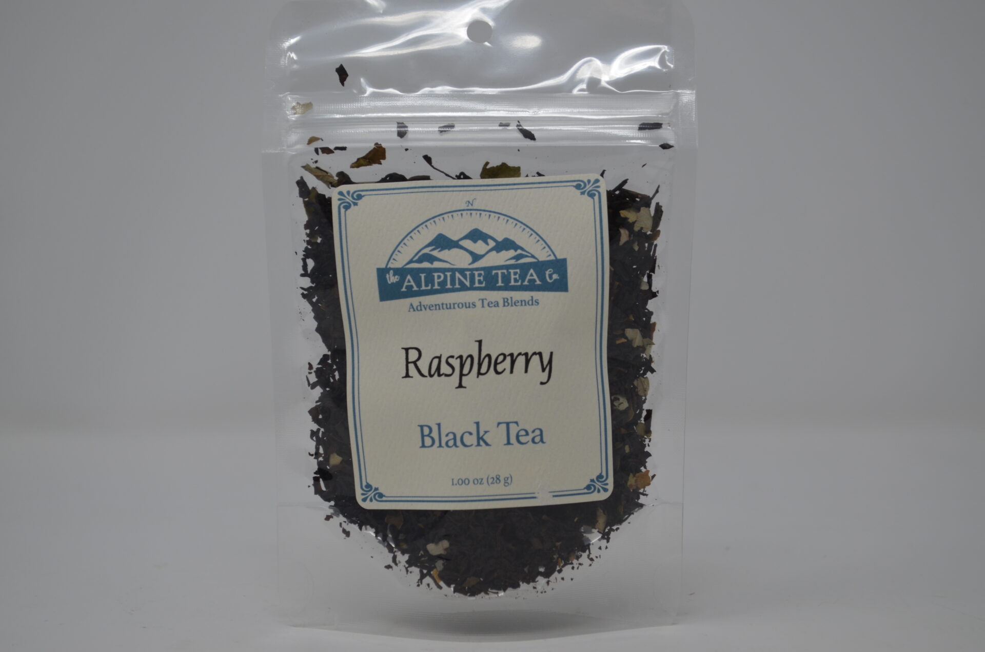 A bag of tea is shown with the label.